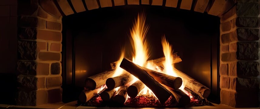 Lively crackles of firewood in a rustic fireplace creating warmth