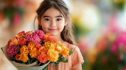 Fototapeta premium The girl stood in the meadow, her arms filled with a colorful bouquet of oversized flowers, their vibrant petals dancing in the gentle breeze.