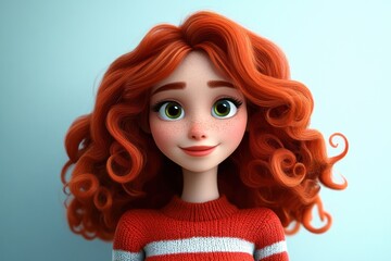 Portrait of cheerful smiling cartoon character young woman with vibrant red curly hair wearing striped sweater in whimsical pose on light background