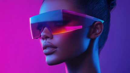 Portrait of a woman in futuristic red glasses with glowing neon light