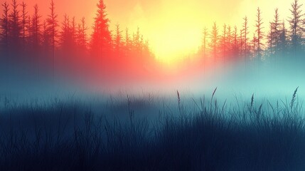 A serene forest landscape at sunrise, with mist and vibrant colors creating a tranquil atmosphere.