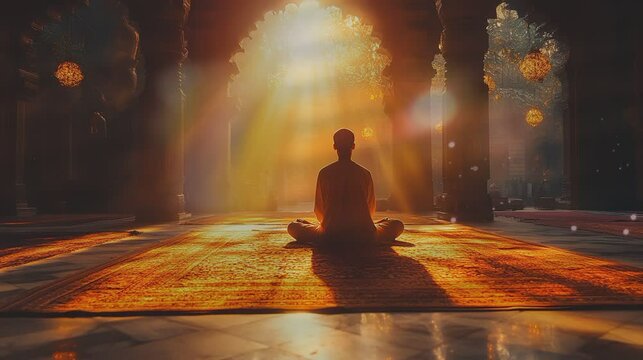 Man praying indoor silhouette, meditation, pray to god , Moslem, yoga for relaxation 