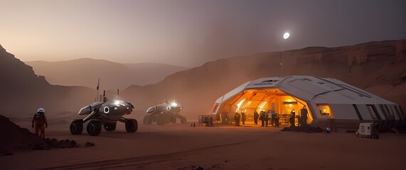 Martian base camps illustrated with robotic assistants aiding construction activities