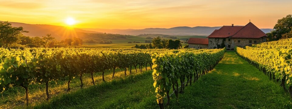 A picturesque view of a vineyard at sunset, with rows of grapevines bathed in golden light and a rustic winery in the background, Vineyard at sunset scene