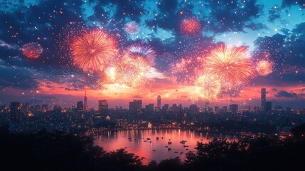 Fireworks Display Over City Skyline Watercolor Night Celebration