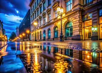 Fototapeta premium Urban nightscape: building lights softly glow, their reflections mirrored in a low-light cityscape.