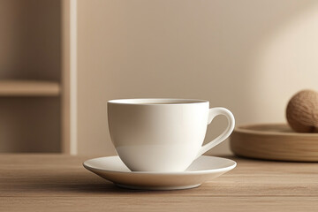White cup and saucer on a wooden table, illuminated by soft sunlight filtering through a window, creating a cozy and inviting atmosphere.