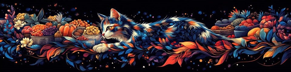 Obraz premium Vibrant Abstract Art Featuring Sleeping Cat with Colorful Leaves in a Fluid Dreamlike Flow on Black Background - Perfect Nature and Wildlife Painting Decor