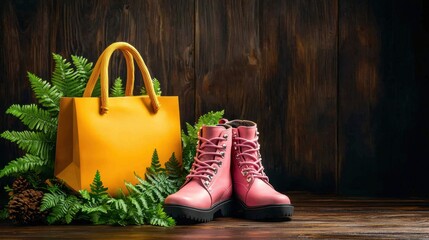 A stylish, eco friendly shopping handbag made from sustainable materials, paired with a pair of trendy pink boots