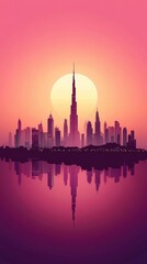 Fototapeta premium Dubai Skyline Sunset Cityscape Reflection