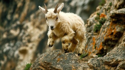 A mountain goat leaps gracefully over rocky terrain, showcasing agility and strength.