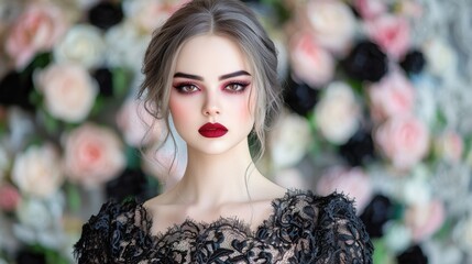 A gothic vampire queen with stunning dark makeup stares seductively into the camera, her pale skin contrasting with her crimson lips and piercing eyes