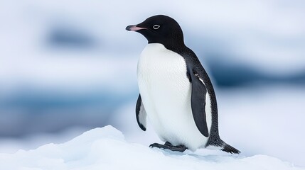 Obraz premium A solitary penguin stands on ice in a cold, snowy environment.