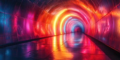 Futuristic Geometric Tunnel Reflective Glass Rainbow Colors Ambient Lighting Depth Perspective