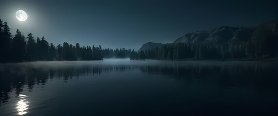 Quiet lakes illuminated by soft moonlight reflecting tranquility and peace © RobinsonIcious