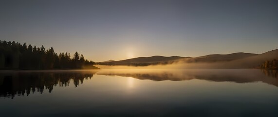 Obraz premium Reflections of a scenic landscape in a calm lake during golden hour