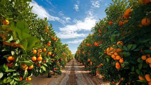 Rows of orange trees, full of ripe citrus fruits.