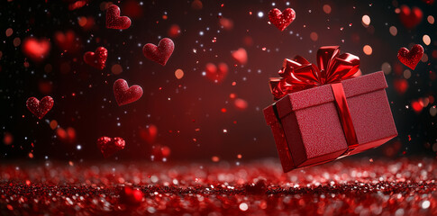 Obraz premium Romantic Red Gift Box with Floating Glitter Hearts and Glowing Sparkles