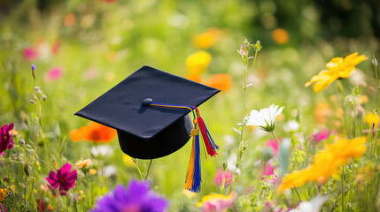 graduation cap surrounded by vibrant flowers in colorful field symbolizes achievement and celebration. bright colors evoke joy and sense of accomplishment