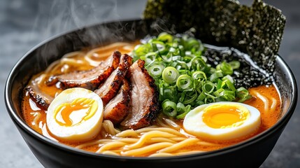 The illustration depicts a steaming bowl filled with curly, chewy noodles swimming in a flavorful broth, topped with slices of tender chashu pork, a soft boiled egg, crisp green onions