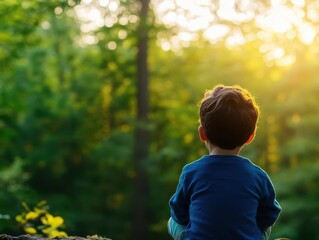 Fototapeta premium A Young Boy Sitting on a Large Rock Gazing at a Warm Sunset with Soft Colors Illuminating the Sky Creating a Peaceful and Reflective Atmosphere