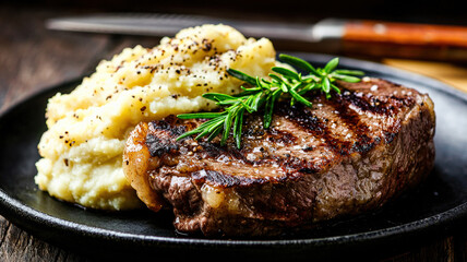 A perfectly cooked Wagyu steak with a rich sear, bathed in dramatic lighting, served alongside creamy truffle mashed potatoes, creating an indulgent and luxurious dining experience.
