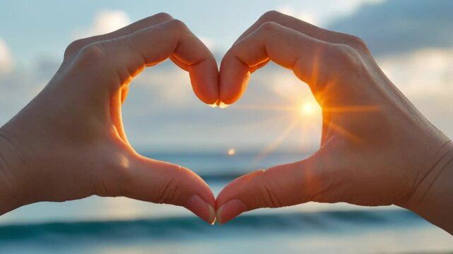 Two hands making a heart shape against a blurred ocean.