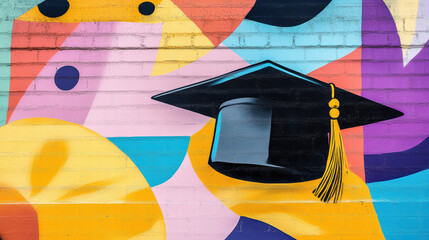 graduation cap on vibrant mural showcasing urban art and colorful patterns, symbolizing achievement and celebration in artistic environment