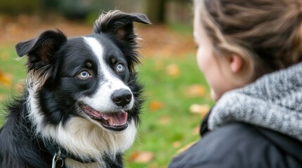 Fototapeta premium A person interacts with a happy dog in a park setting surrounded by autumn leaves.