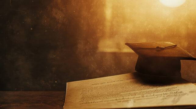 graduation cap rests on diploma, symbolizing achievement and success. warm, blurred background adds nostalgic touch to this momentous occasion