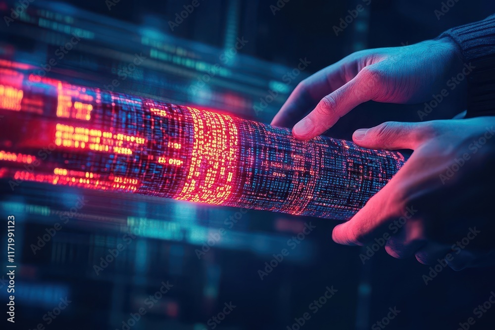 Poster A glowing data pipeline being intercepted by shadowy hands, with a professional working to patch the vulnerability