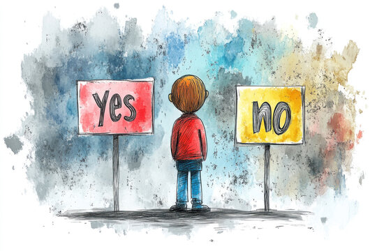 Boy ponders two signs: "Yes" and "No."