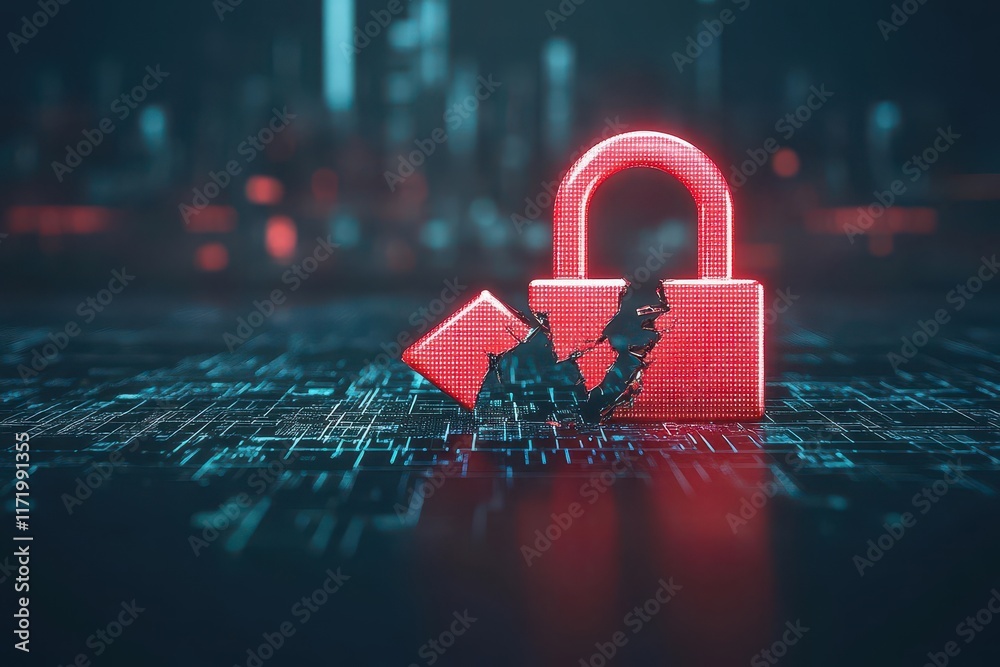 Poster a glowing red padlock broken in half, symbolizing a security breach, set against a backdrop of a dig