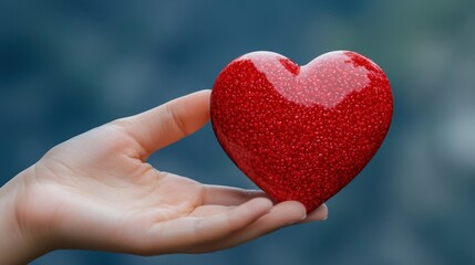 Fototapeta premium The image shows a hand with fingers gently curled around a vibrant red heart, showcasing a symbol of love and affection.