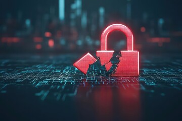 A glowing red padlock broken in half, symbolizing a security breach, set against a backdrop of a digital cityscape