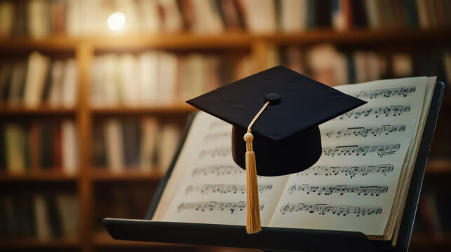 graduation cap rests on music stand, surrounded by sheet music in library. This symbolizes achievement and harmony of education and music