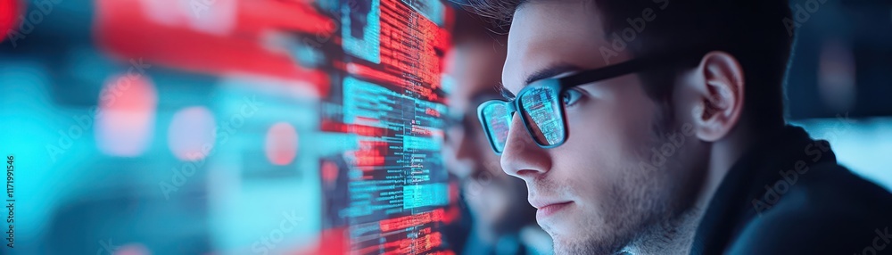 Poster Focused Man Wearing Glasses Engaged in Work on Computer Screen in a Modern Workspace Surrounded by Technology and Creative Tools for Productivity