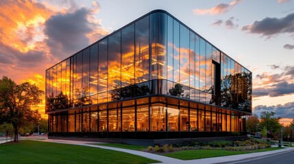 The building's sleek, modern facade is accentuated by the way the sunlight hits the glass panels