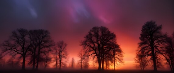 Naklejka premium Silhouettes of trees against a colorful sunset sky creating dramatic visuals