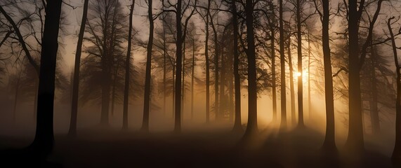 Silhouettes of trees displayed against the brightness of the setting sun