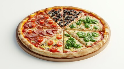 3D rendered pizza with four sections and varied toppings