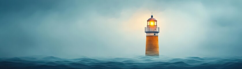 A lighthouse glowing over stormy seas, illustrating resilience and guiding leadership, painted with soft watercolor strokes