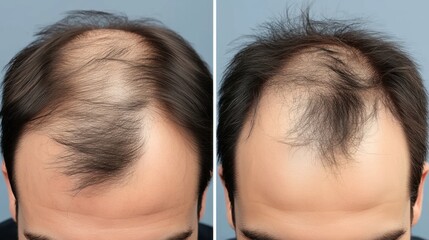 Fototapeta premium Before and after views of successful hair restoration treatment. Transformation showcasing renewed confidence and improved appearance through advanced medical solutions.