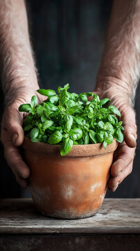 Hands offering a clay pot filled with fresh green basil leaves in a rustic setting