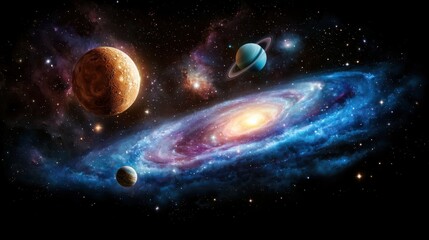 A stunning and vibrant mosaic of swirling hues of blue and purple, resembling a cosmic nebula filled with stars, planets, and galaxies, against a dark backdrop of space