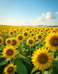 Fototapeta premium Endless sunflower field under blue skies with puffy clouds in blooming season