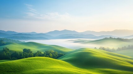 Obraz premium A peaceful landscape of rolling hills at dawn, mist rising as the sun casts soft light, shot from a high vantage point