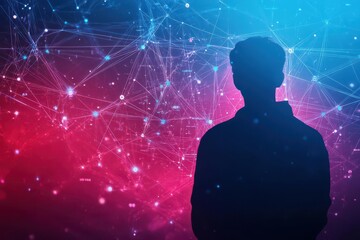 A person s silhouette fading into a holographic web of exposed personal data, symbolizing privacy loss, surrealism, pastel neon tones, detailed textures