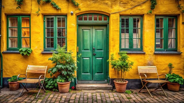 Yellow Nyboder house, green door, three chairs, a gritty Copenhagen panorama unfolds.