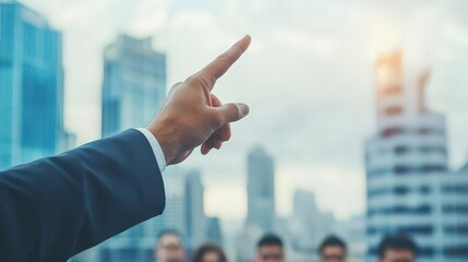Individual Gesturing Towards Urban Landscape Under Bright Sky with Skyscrapers and Clouds Creating a Sense of Exploration and Adventure in City Life